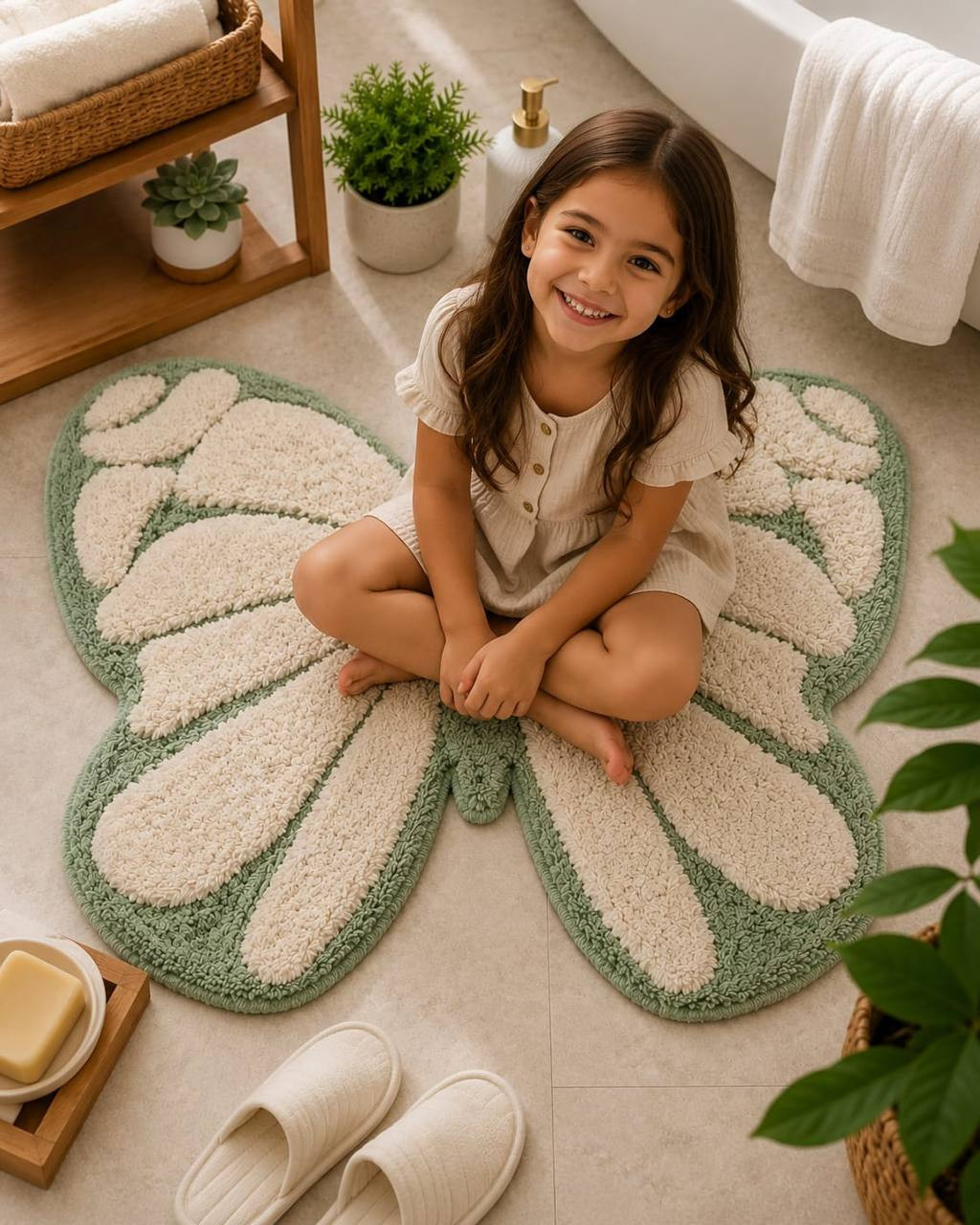 Young girl sitting cross-legged on sage green cream tufted butterfly bathmat in bathroom