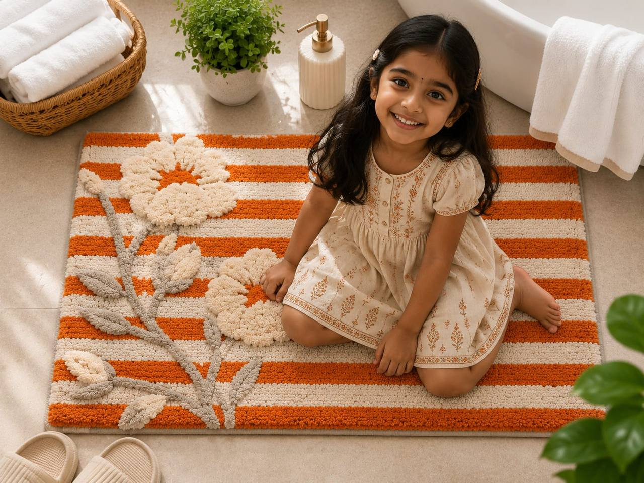 Girl sitting on boho floral tufted bath rug with orange and white striped design