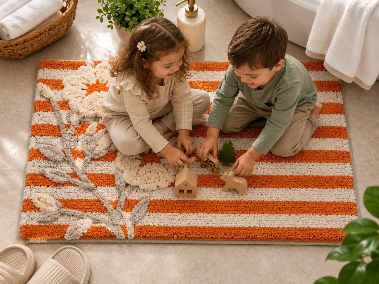 Boho floral tufted bath rug with children playing on orange striped bathroom mat