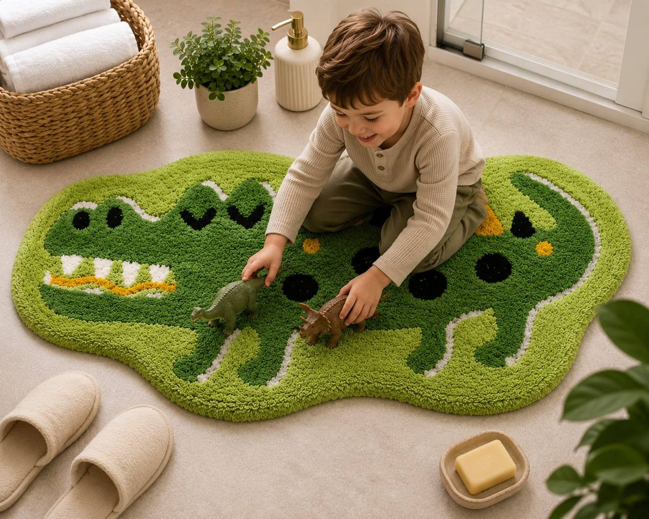 Child playing on Cute Crocodile Cotton Bath Mat 21x43 inches