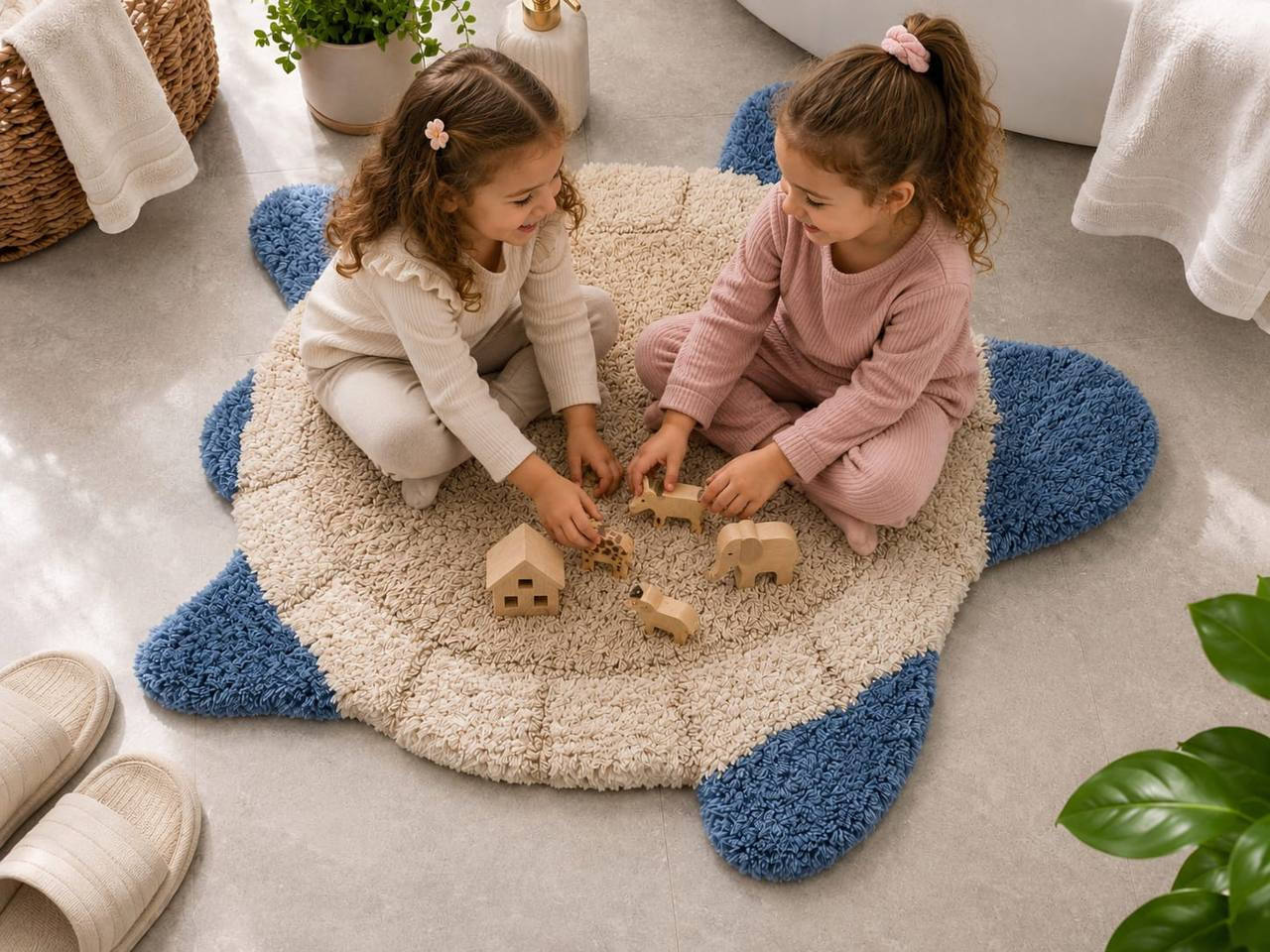 Kids playing on blue and beige turtle shaped anti-slip cotton bath mat with soft tufted texture for nursery and bathroom