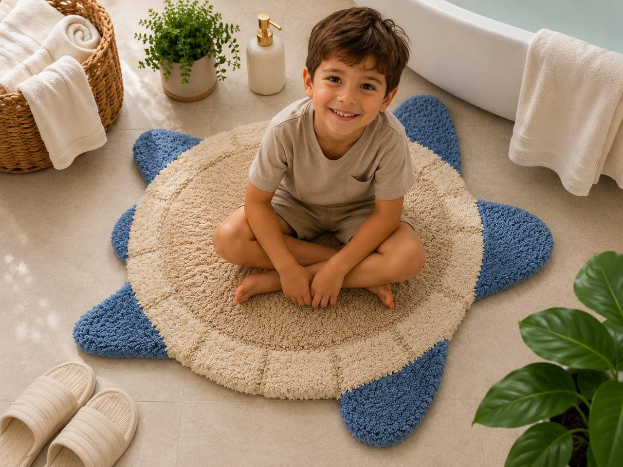 Child sitting on blue and beige turtle shaped plush cotton bath mat for kids bathroom and playroom
