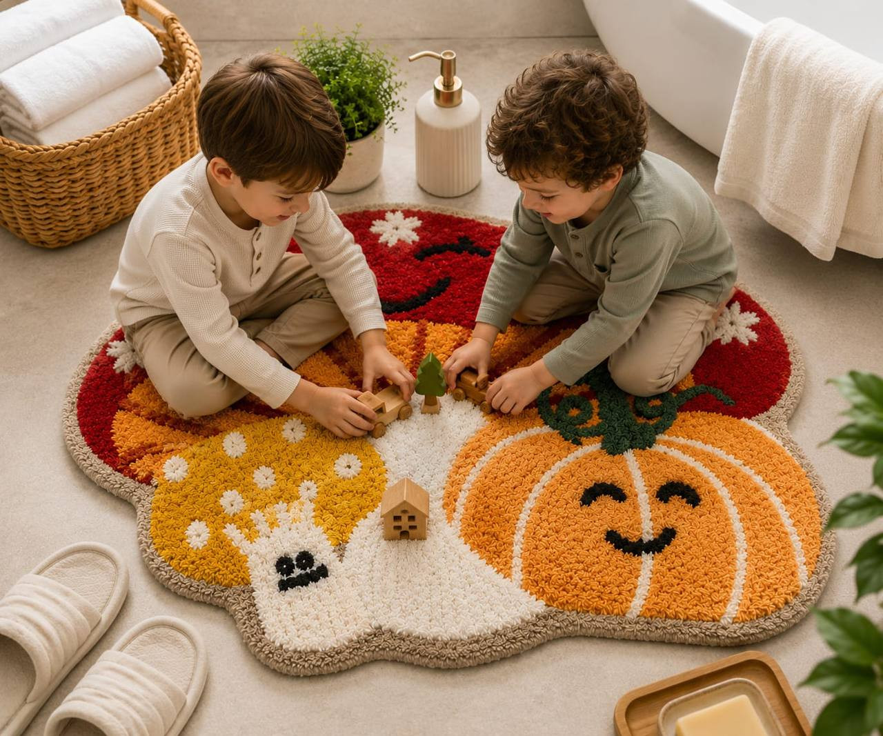 Children playing on Multi Pumpkin and Autumn Friends tufted bath mat