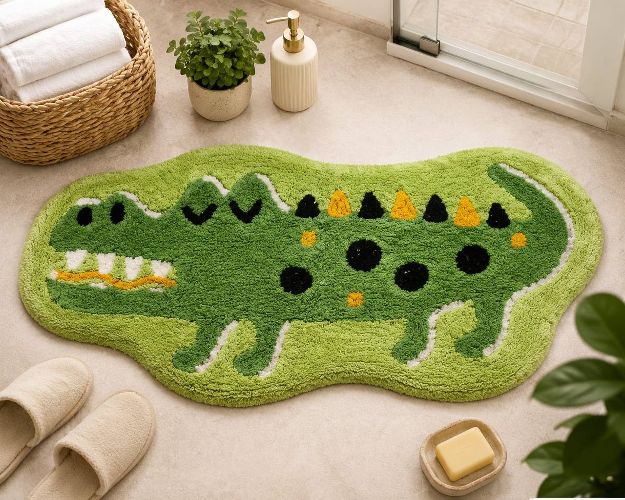 Cute Crocodile Cotton Bath Mat 21x43 inches with soft green animal design