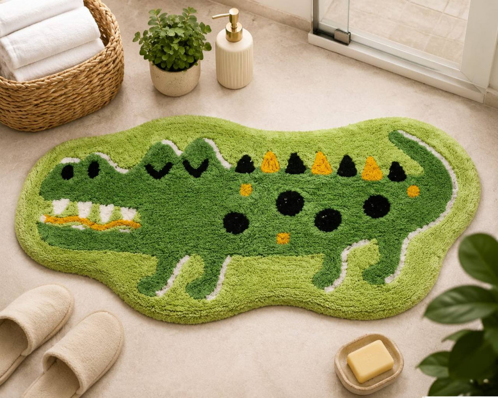 Image of Cute Cartoon Crocodile Tufted Bath Rug 36×24 Inches | Soft Green Animal Bathroom Floor Mat