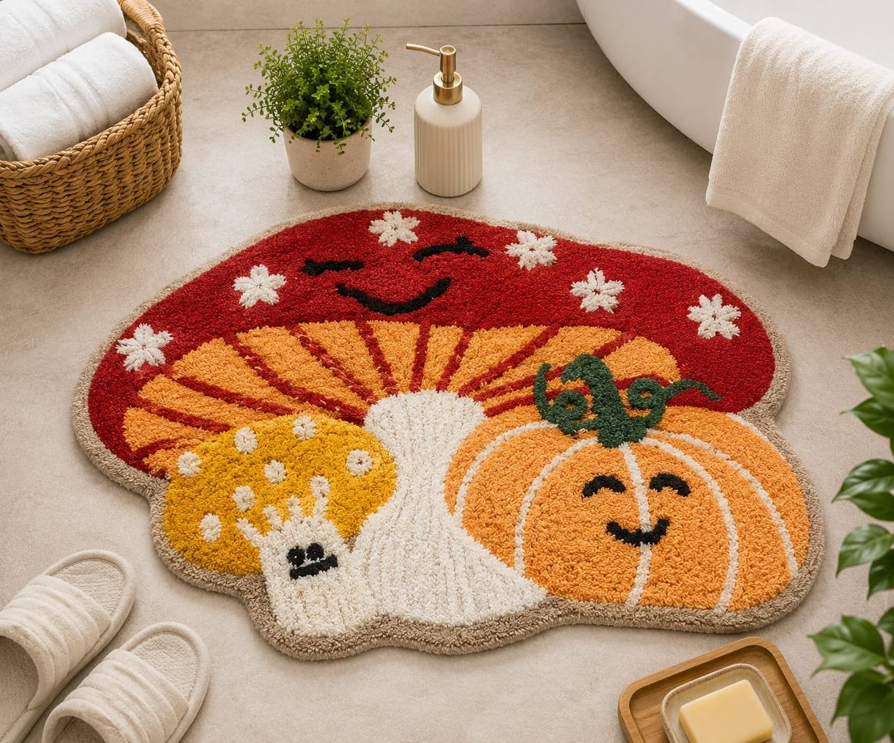Multi Pumpkin and Autumn Friends tufted cotton bath mat 24x32 inches