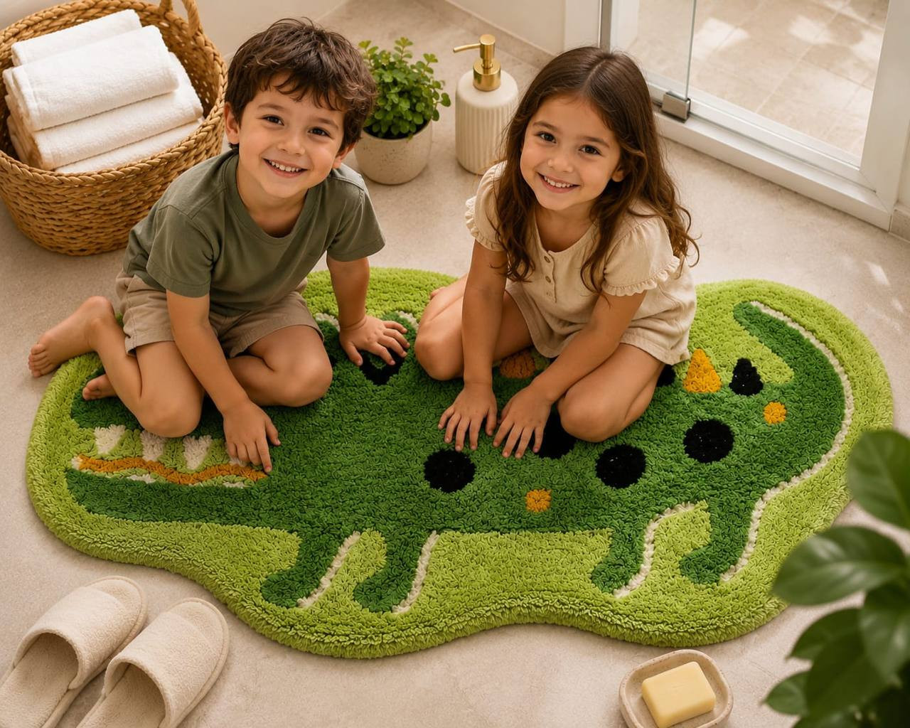 Children sitting on Cute Crocodile Cotton Bath Mat in kids bathroom