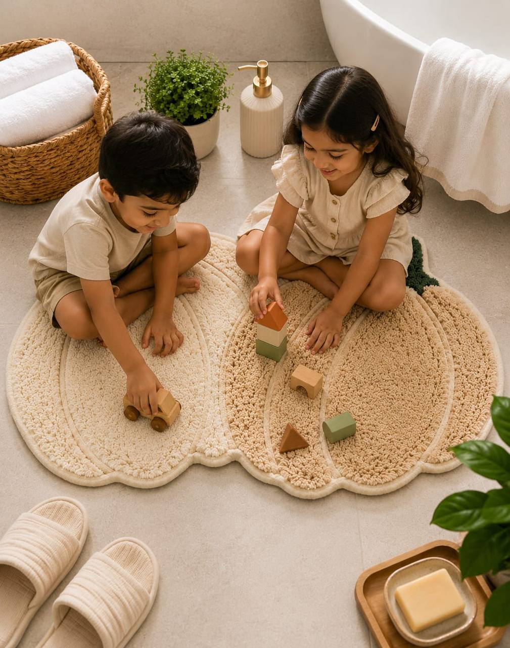 Kids Playing on Harvest Pumpkin Tufted Cotton Bath Mat Soft Non-Slip Cream Beige Bathroom Rug 33x19 Inch