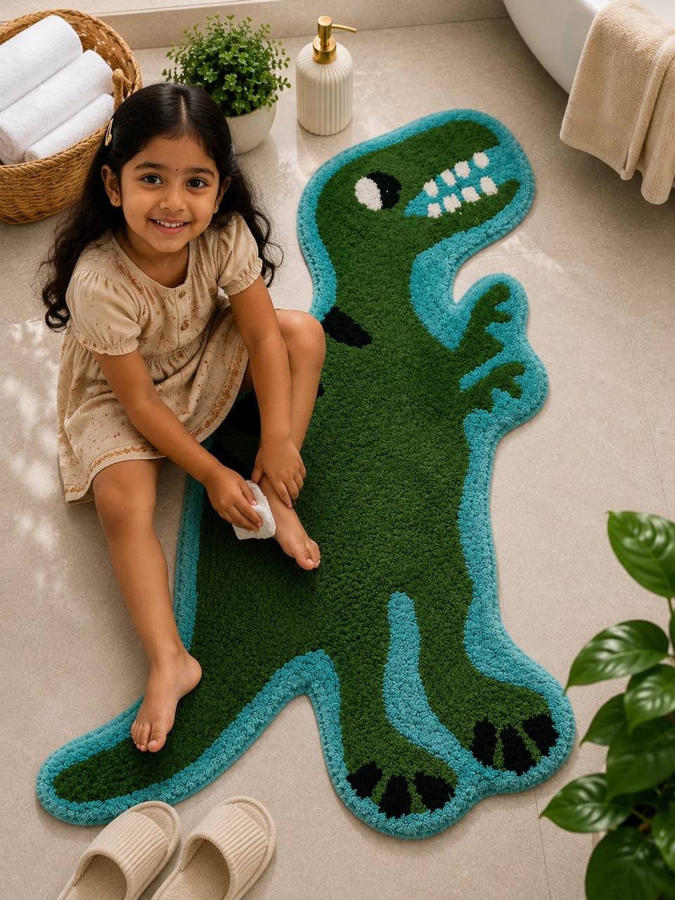 Child sitting beside green Dinosaur T-Rex tufted rug 32x16 inches