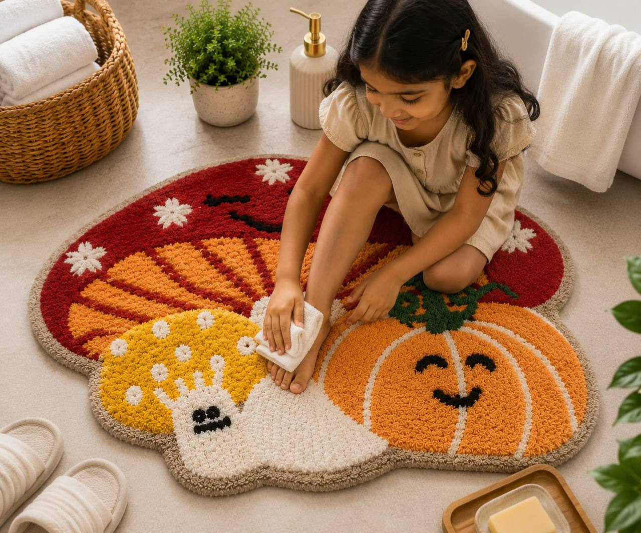 Multi Pumpkin autumn bath mat with child showing soft tufted cotton texture