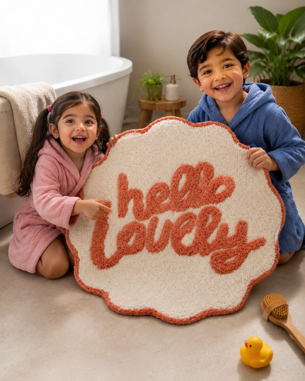 Two children in bathrobes smiling beside cream tufted Hello Lovely bathmat in bathroom