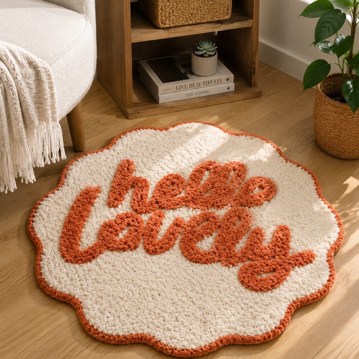 Hello Lovely script tufted rug with scalloped edge on wooden floor near sofa