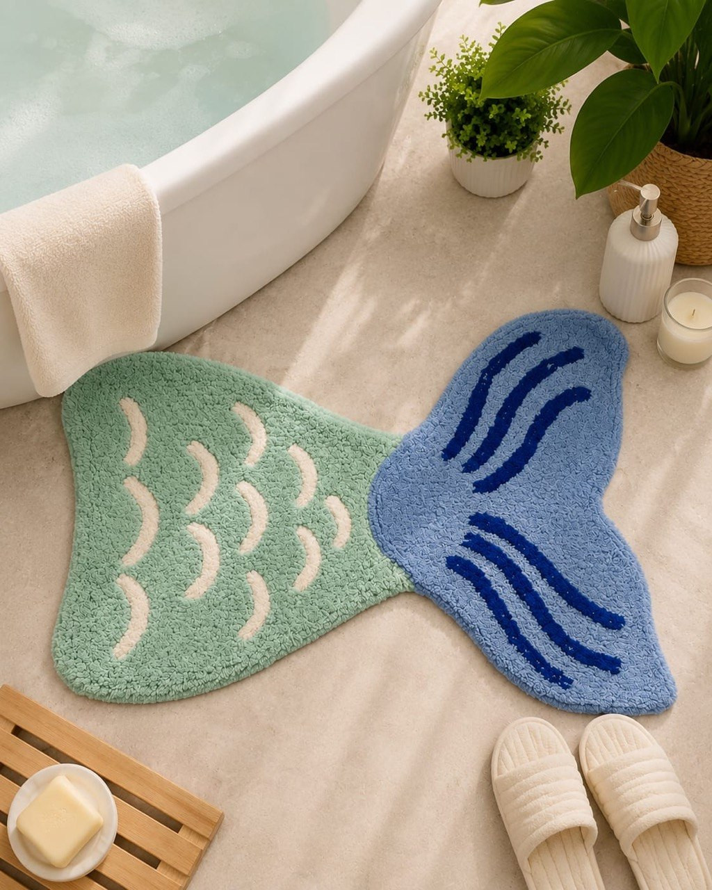 Mermaid tail shaped bathmat with scale and wave pattern on bathroom floor near towel