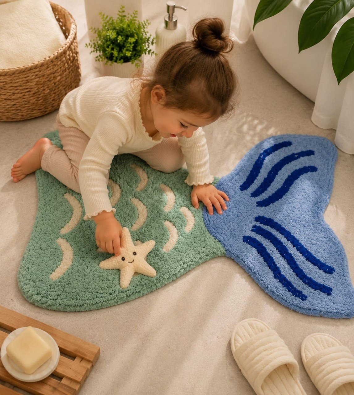 Toddler girl playing with starfish toy on green blue mermaid tail bathmat