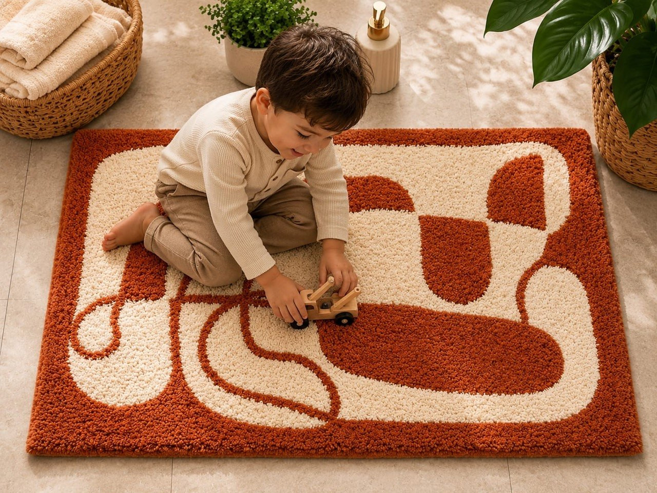 Young boy playing with wooden toy car on rust cream tufted abstract bathmat