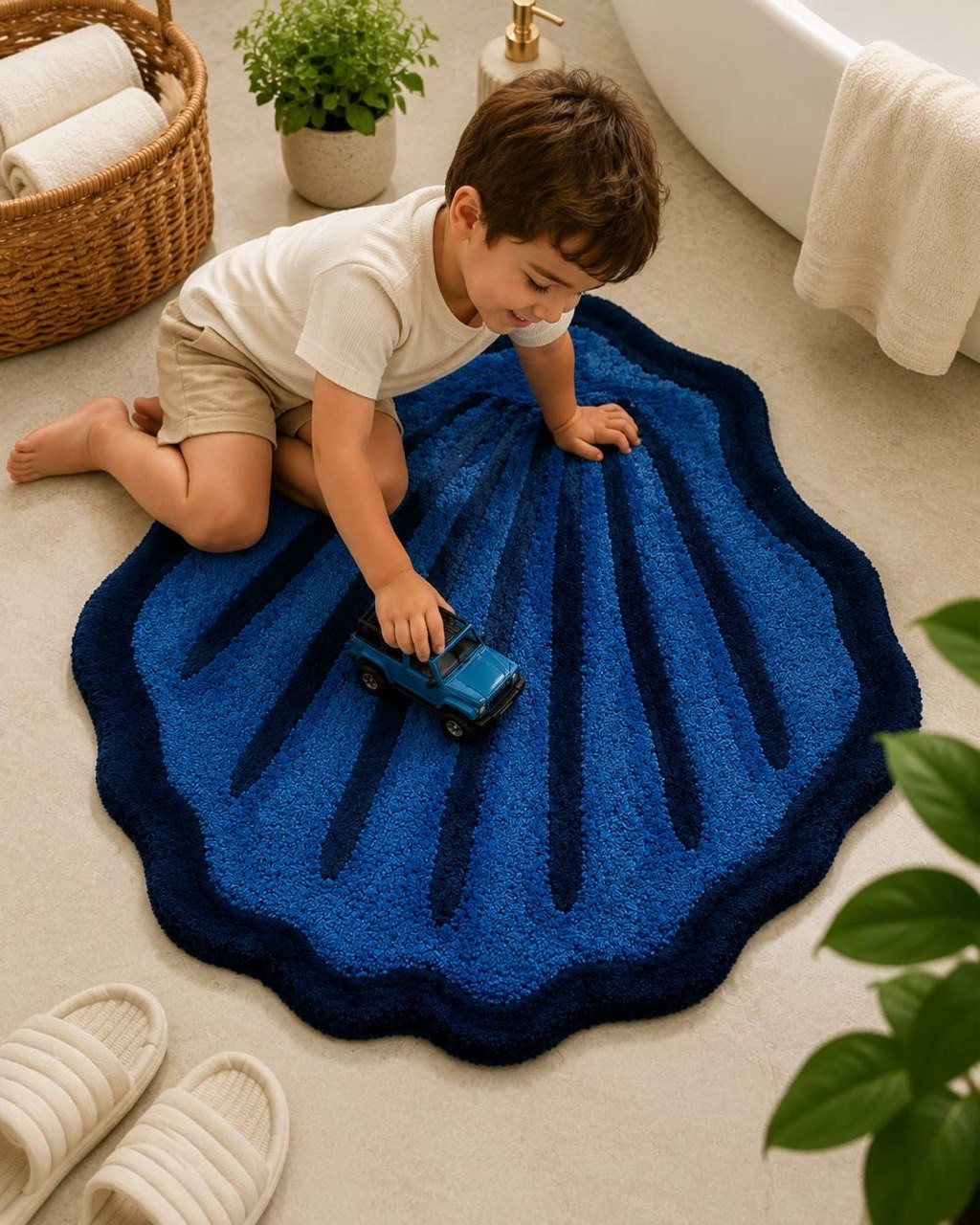 Young boy playing with toy car on blue tufted seashell-shaped bathmat