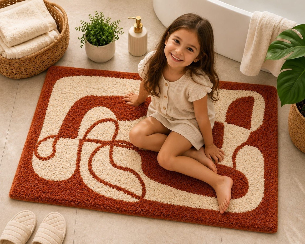 Young girl sitting on rust and cream tufted abstract pattern bathmat