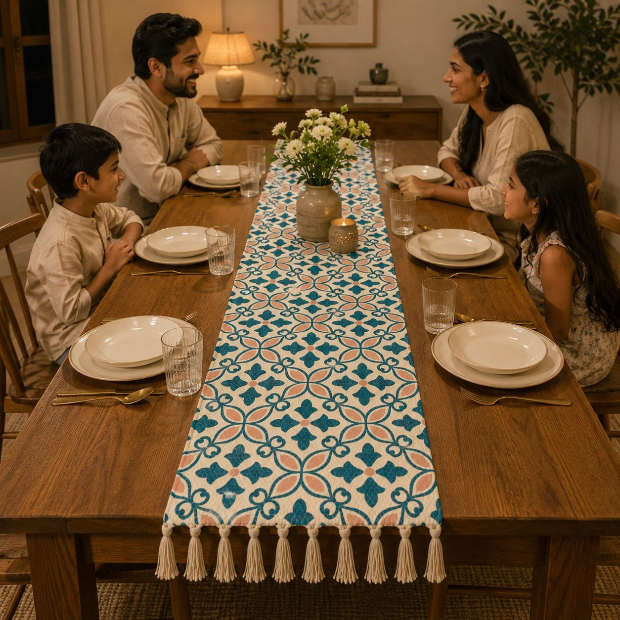 Family gathered at dining table styled with teal blush printed Moroccan tile runner