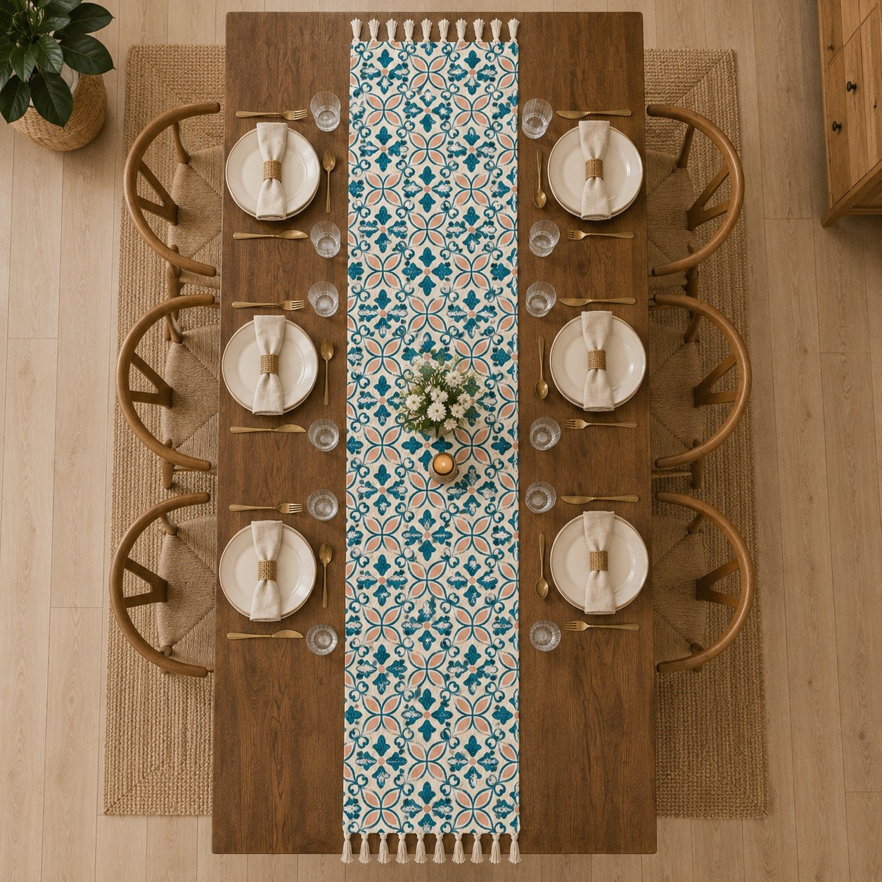 Overhead view of teal blush Moroccan tile table runner on dining table with formal settings