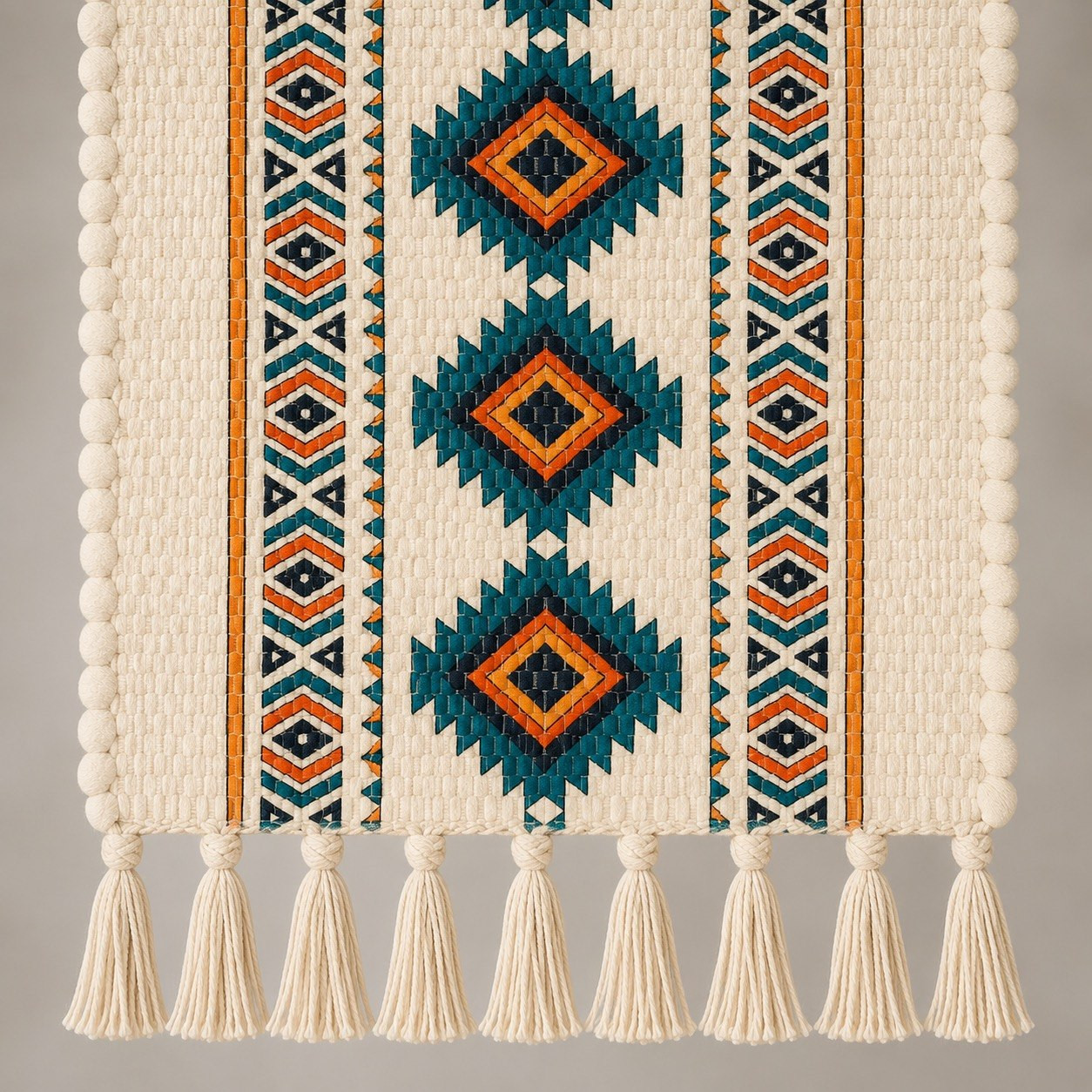 Close-up of teal rust printed Aztec diamond table runner with tassel fringe detail
