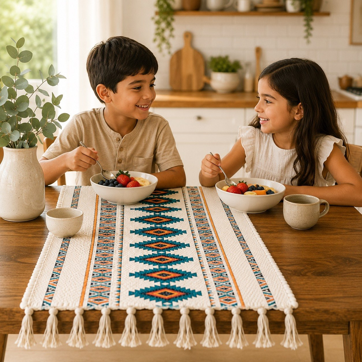 Two children eating fruit at kitchen table styled with teal rust Aztec print table runner