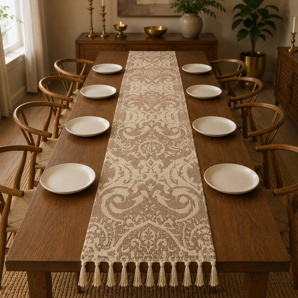 Image of Printed Damask Table Runner – Ivory &amp; Beige