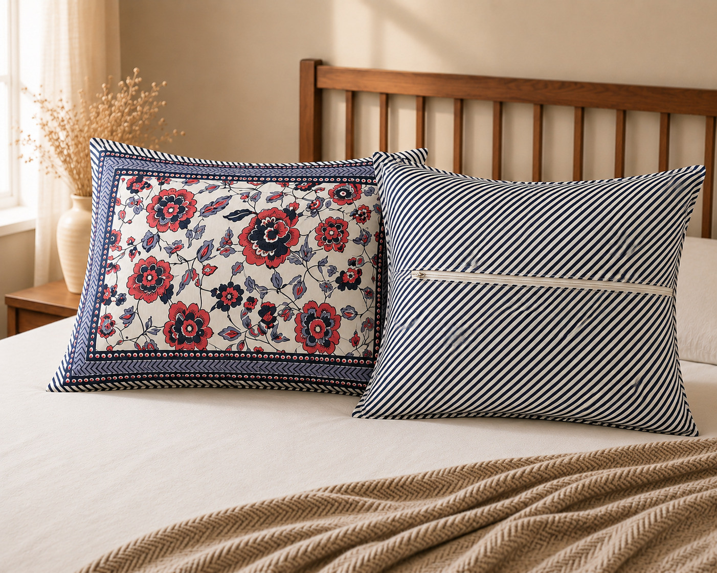 Pillow cover floral front and navy striped back with hidden zipper closure detail