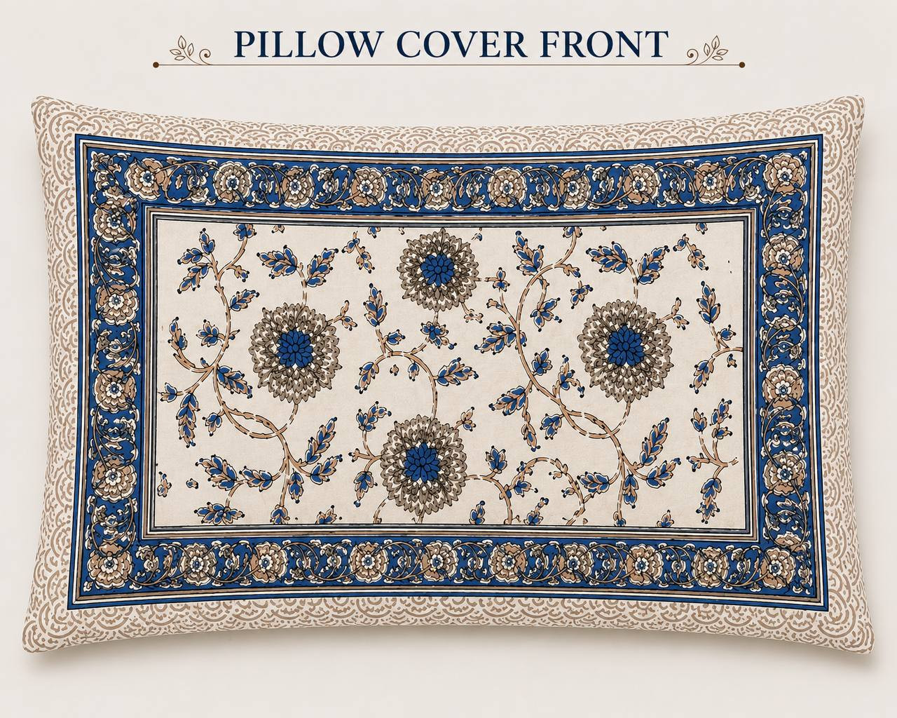 Pillow cover front with blue rosette floral print framed by indigo scalloped border