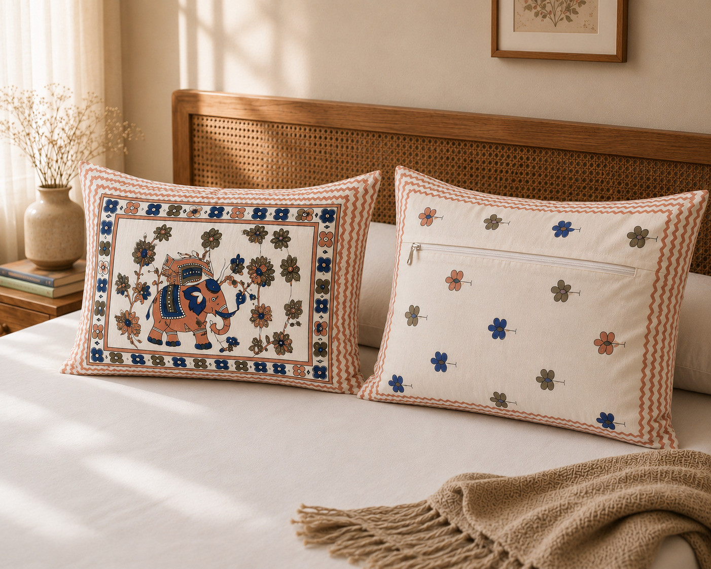 Pillow cover front with elephant and floral motif next to back with mini floral print and zipper closure