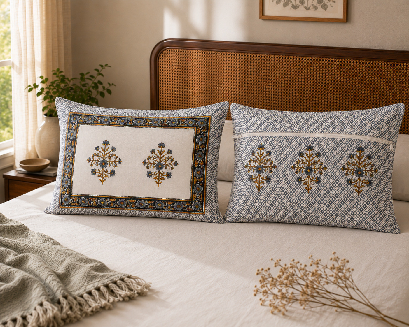 Jaipuri Hand Block Printed Cotton Bedsheet with 2 Pillow Covers Mustard Booti 108x108