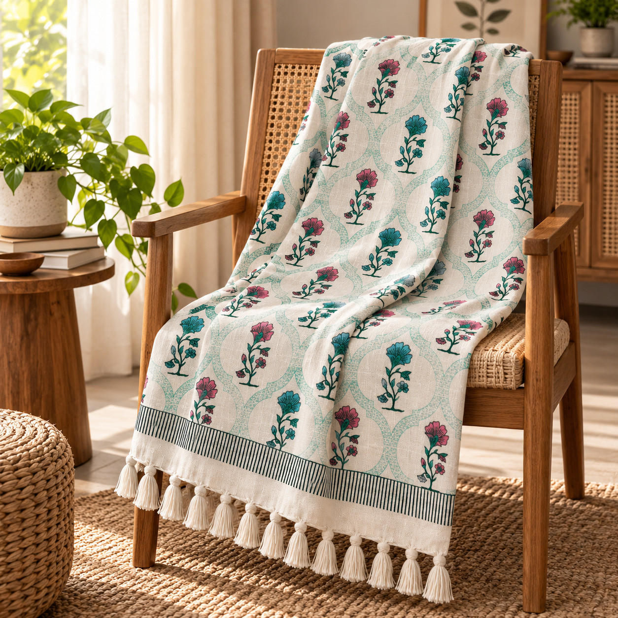 Pink blue floral trellis hand block printed cotton sofa throw on wooden cane armchair