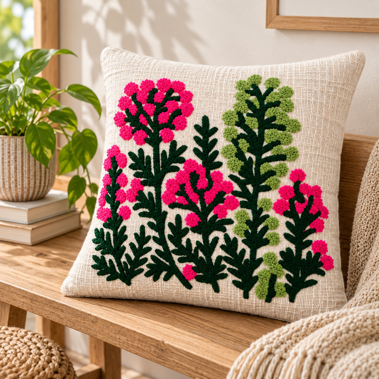 Pink embroidered floral cushion cover 16x16 inch with green fern design on wooden bench