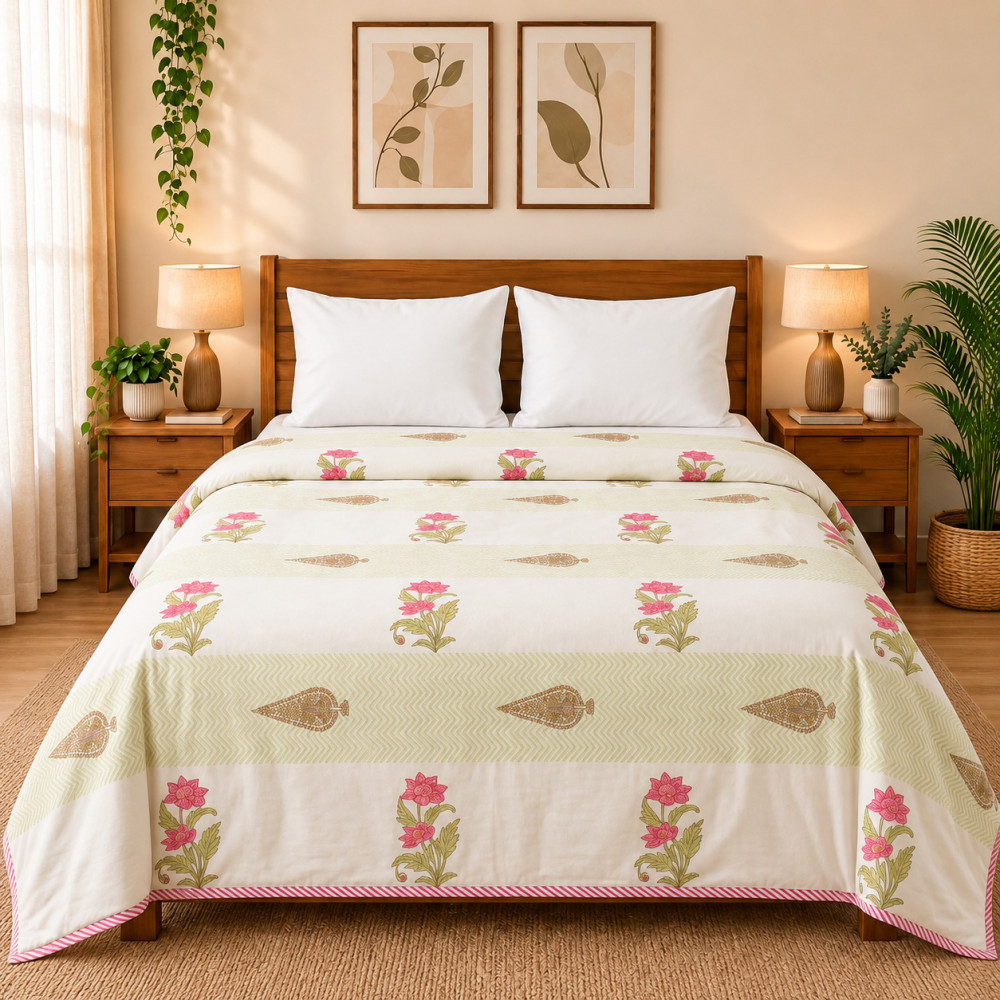 Image of Pink Floral Hand Block Printed Cotton Dohar for Double Bed (90x100)