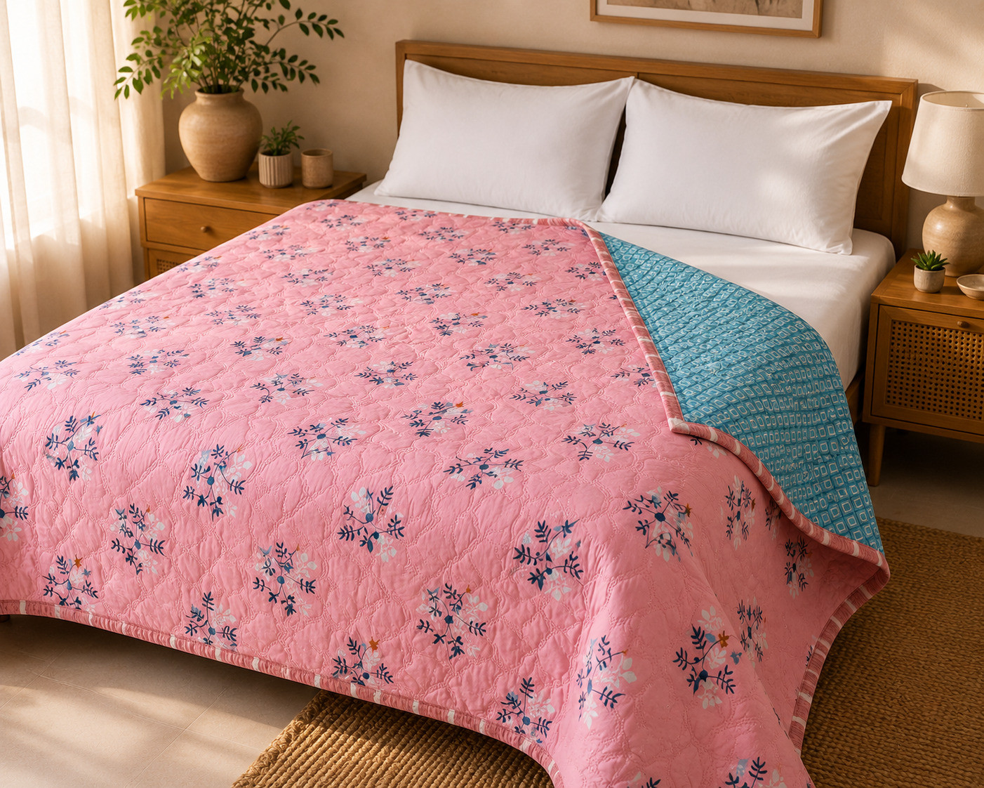 Pink floral quilted comforter draped on bed showing teal reverse side and pillow styling