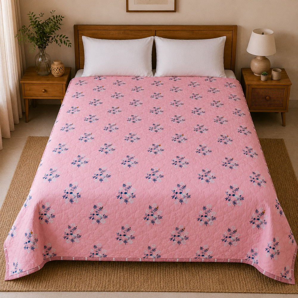 Image of Pink Floral Quilted Cotton Comforter for Single Bed (50x90)