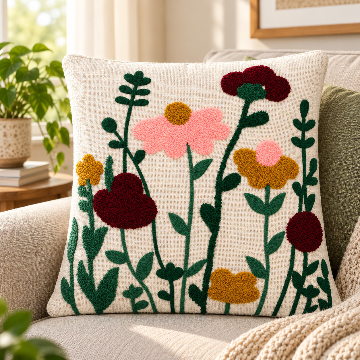Pink maroon and mustard tufted wildflower cushion cover styled on beige sofa