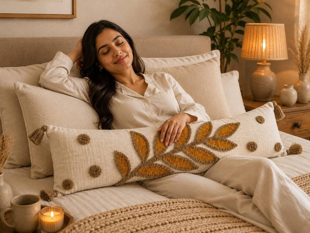 Woman relaxing with golden leaf tufted lumbar cushion cover on bed