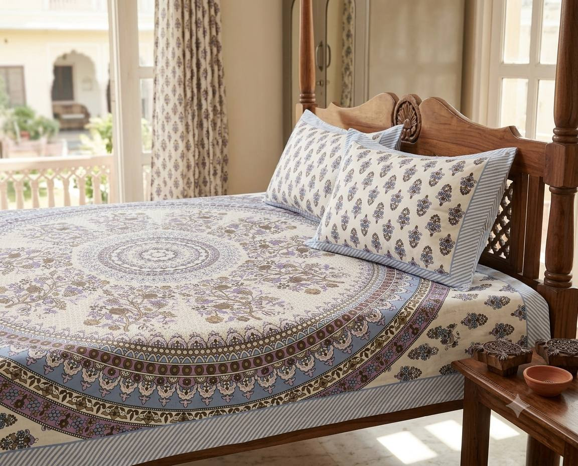 Purple Jaipuri hand block printed mandala bedsheet with 2 matching pillow covers on wooden bed