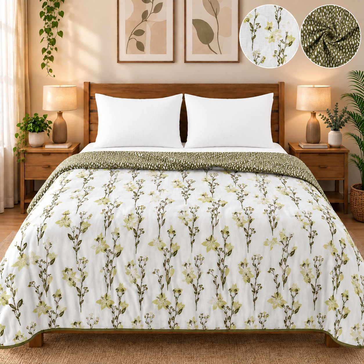 Reversible cotton dohar in green floral print styled on wooden bed with pillow covers