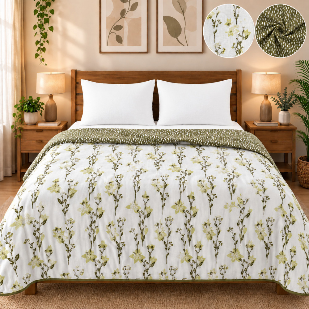 Image of Green Floral Hand Block Printed Cotton Dohar for Double Bed (90x100)
