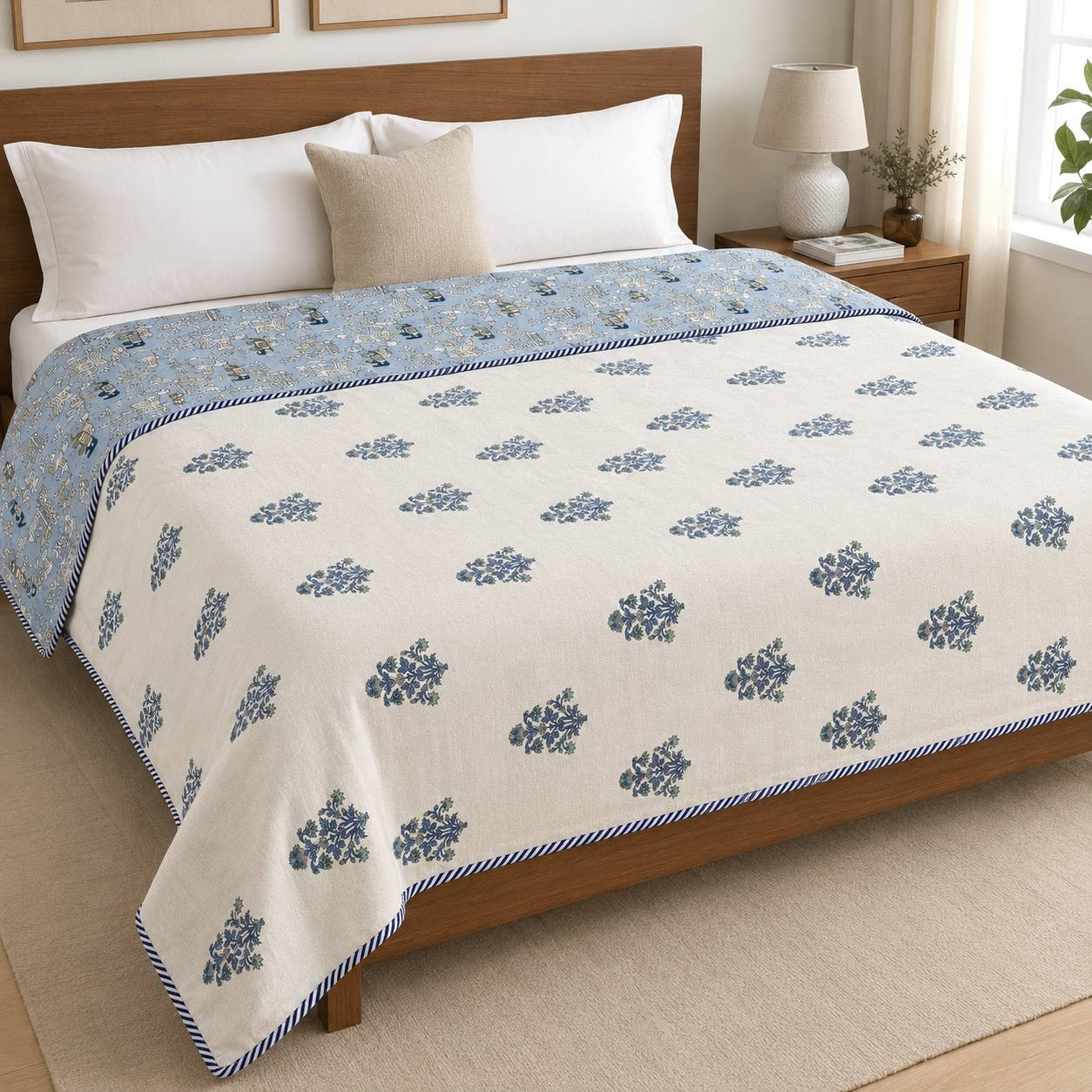 Reversible hand block printed dohar on bed blue floral front and royal motif back