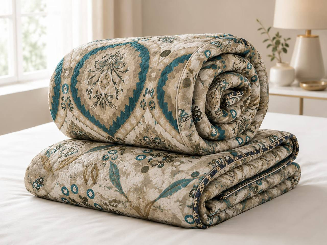 Rolled double bed cotton quilted comforter in teal medallion Suzani print with folded corner showing navy piped edge