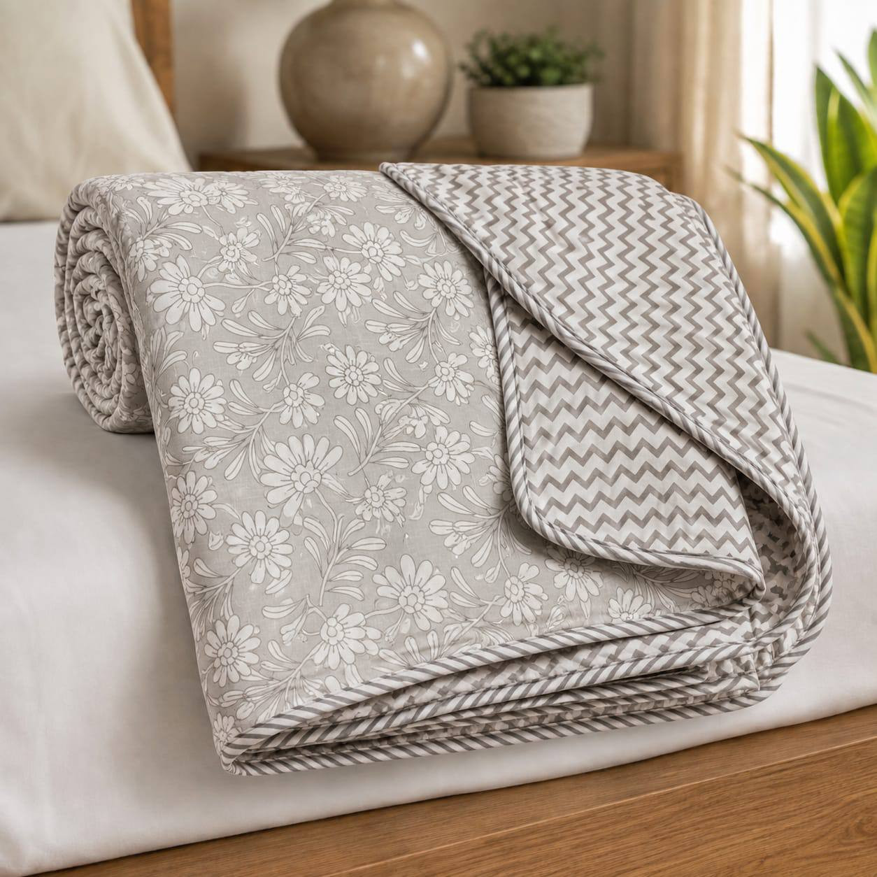 Rolled hand block printed cotton dohar showing grey daisy floral front and chevron pattern reverse with striped piping