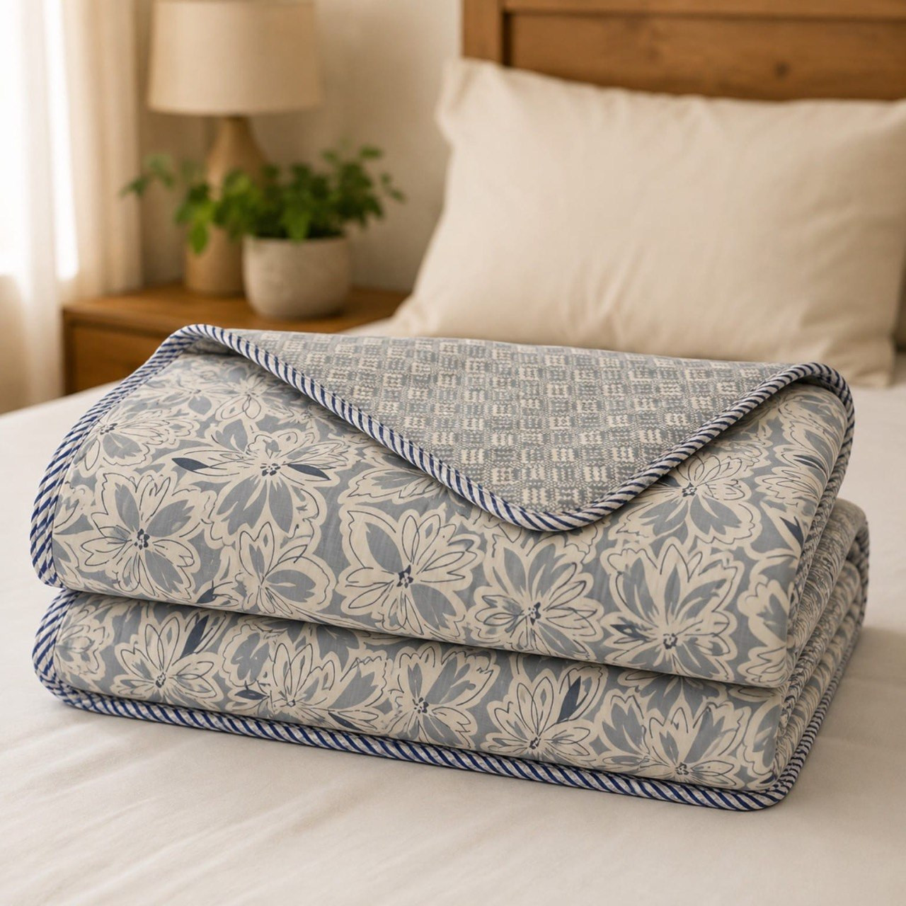 Rolled hand block printed cotton dohar showing grey floral front and chevron pattern back with striped piping