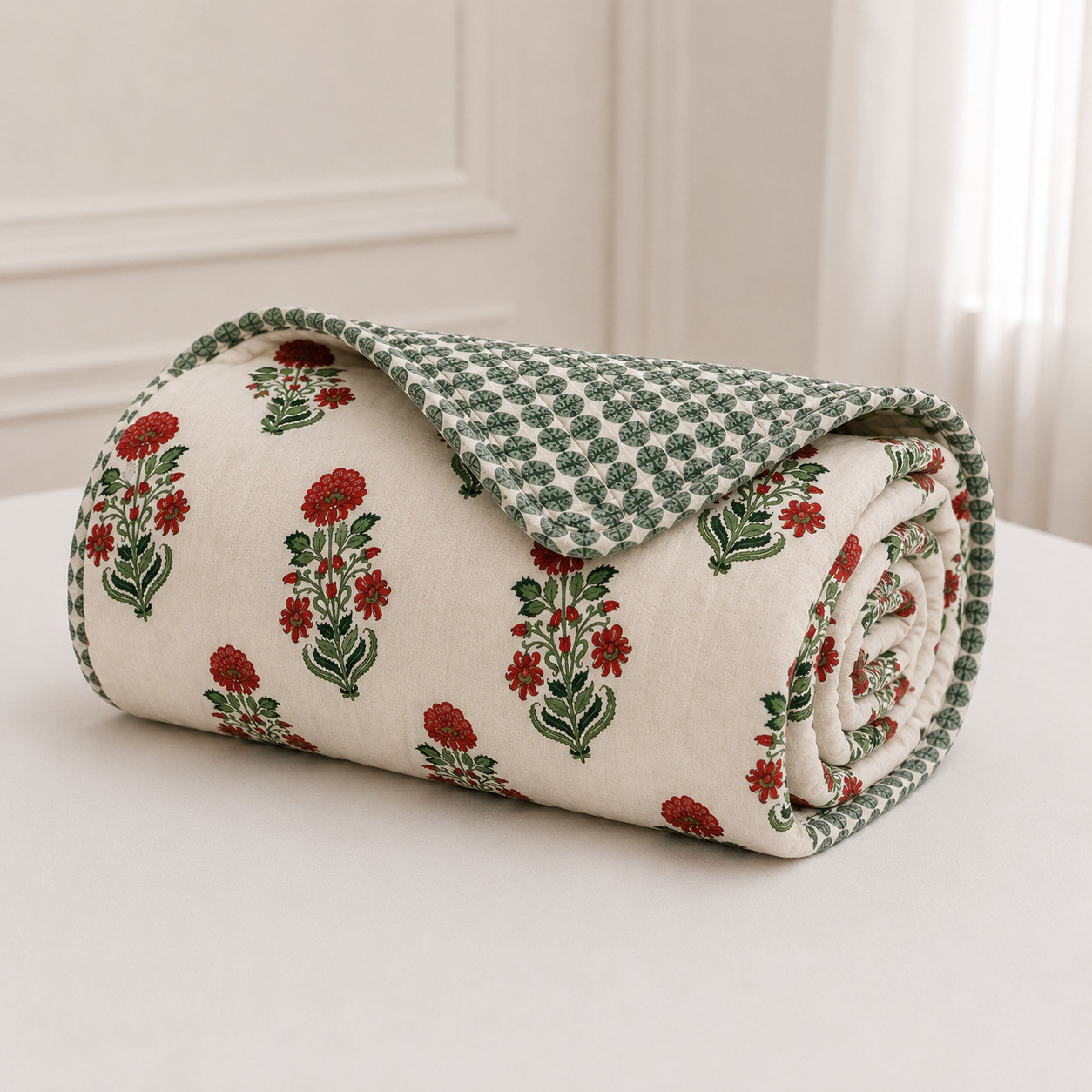 Rolled reversible hand block printed dohar red floral booti design 90x100 double bed