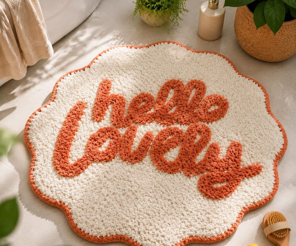 Cream and rust tufted Hello Lovely scalloped bathmat on bathroom floor