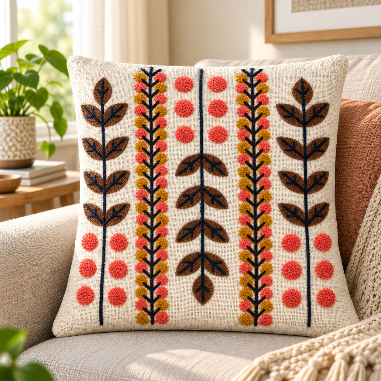Rust mustard and brown embroidered vertical stripe cushion cover styled on beige sofa