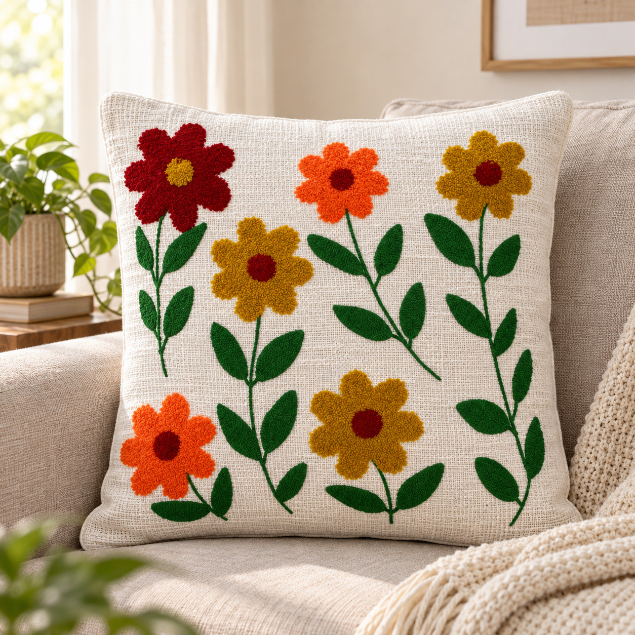 Rust red orange and mustard floral embroidered cushion cover styled on beige sofa