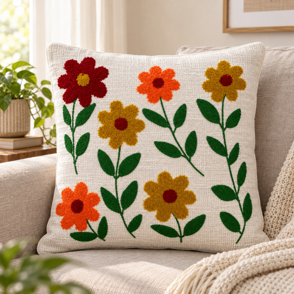 Image of Floral Embroidered Cushion Cover | Red Orange Mustard Flowers 16x16