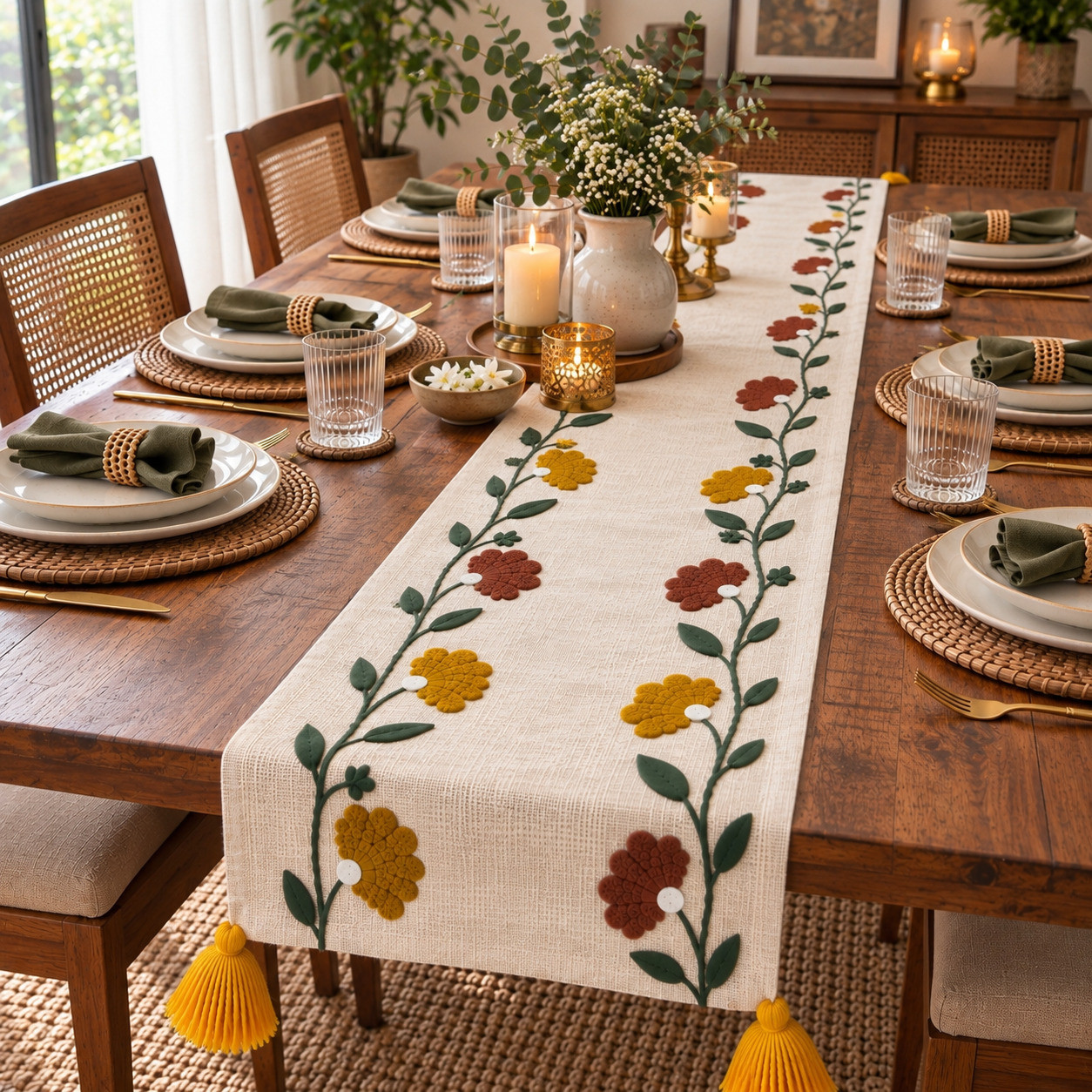 Rustic Floral Embroidered Dining Table